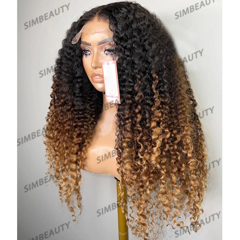 Long Afo Kinky Curly Ombre Honey Blonde Human Hair 360 Lace Frontal Wigs for Black WomenFull End 5x5 Lace Closure Wigs Natural