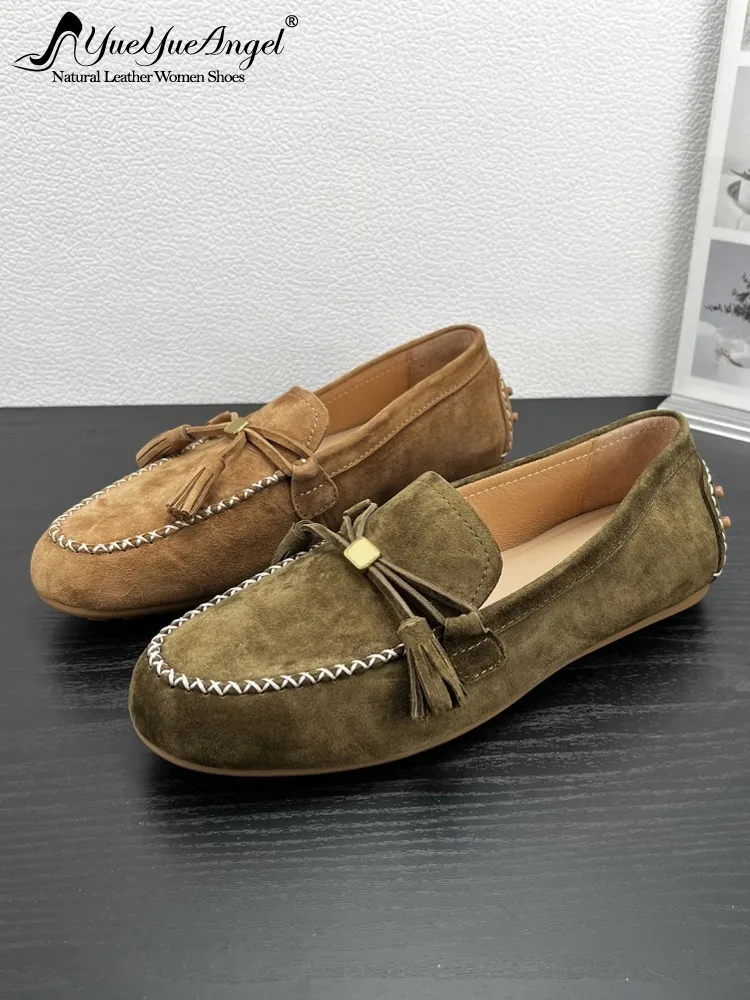 

Women Spring Comfortable Slip On Flats Shoes Vintage Bowknot Back Rivets Low Cut Round Toe Real Cow Suede Leather Loafers Shoes
