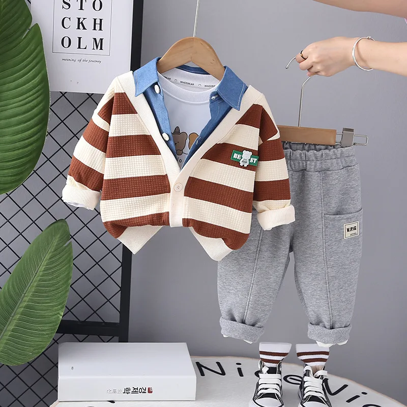 Luxury Baby Boy Clothes 12 To 18 Months Sets Cartoon Striped Single Breasted Cardigan Jackets White T-shirts Pants Boys Outfits