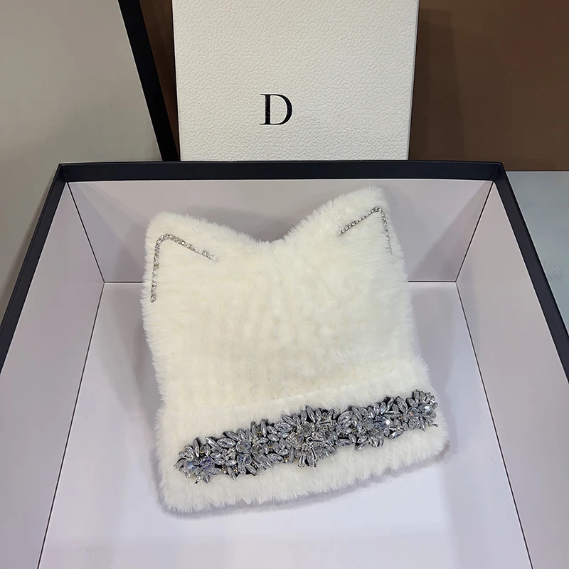 New Women Cute Cat Ear Earflap Winter Hat Fashion Water Diamonds Faux Fur Knitted Hat Kpop Style Soft Beanie Hats Female