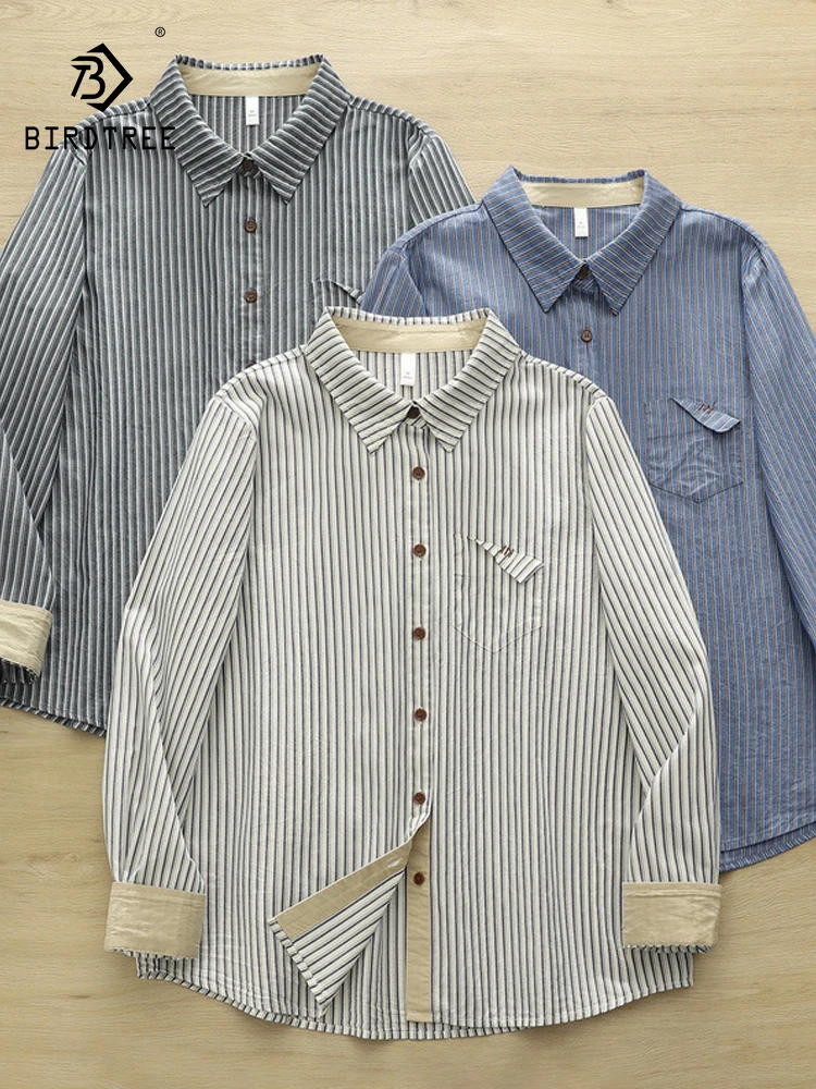 جديد 2025 الخريف قميص قطني بكم طويل ، المرأة التلبيب مخطط جيب غير منتظم ، موري فتاة موضة بلوزة فضفاضة غير رسمية T59850CC #1