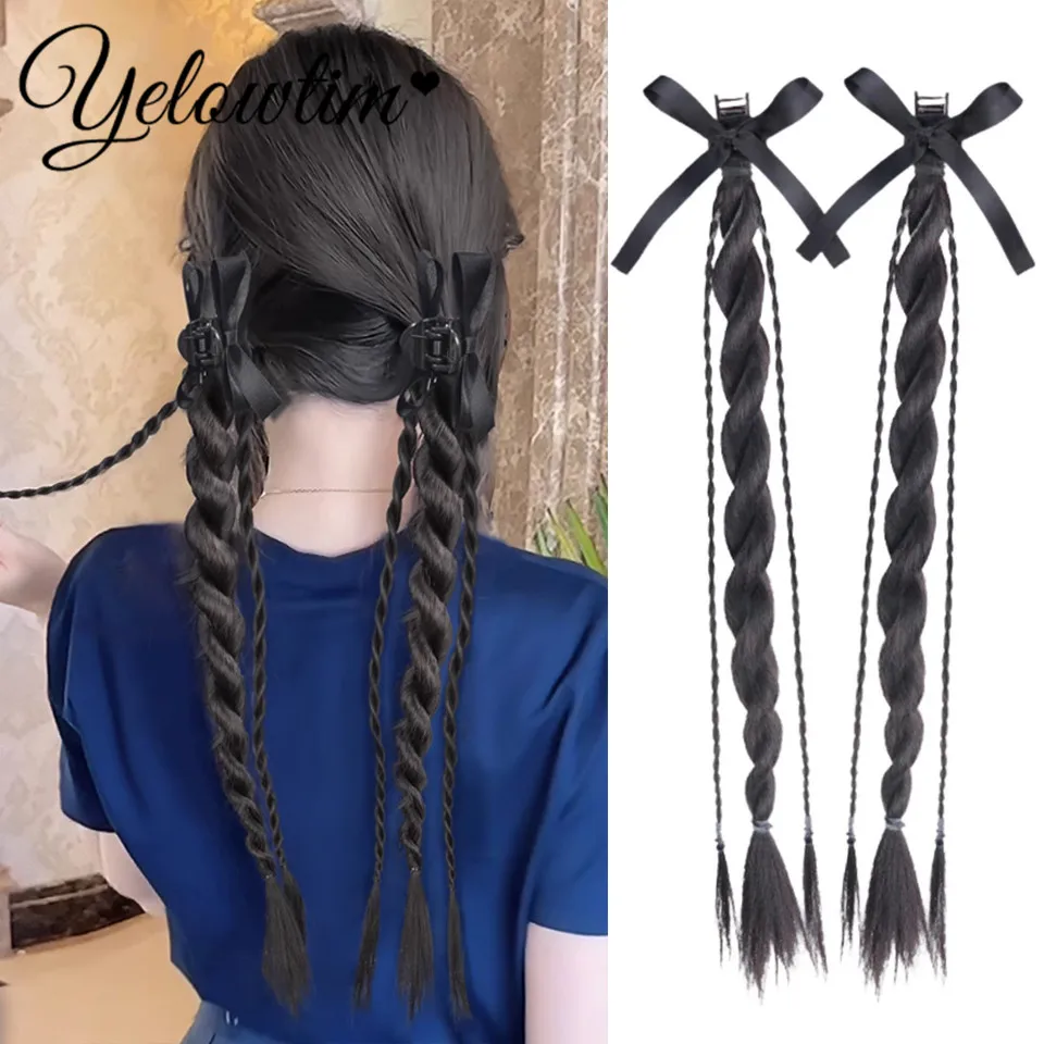 Synthetic Long Claw Clip On Bow Braid Ponytail Hair Extensions Heat Resistant Pony Tail Hair piece For Women Daily Party