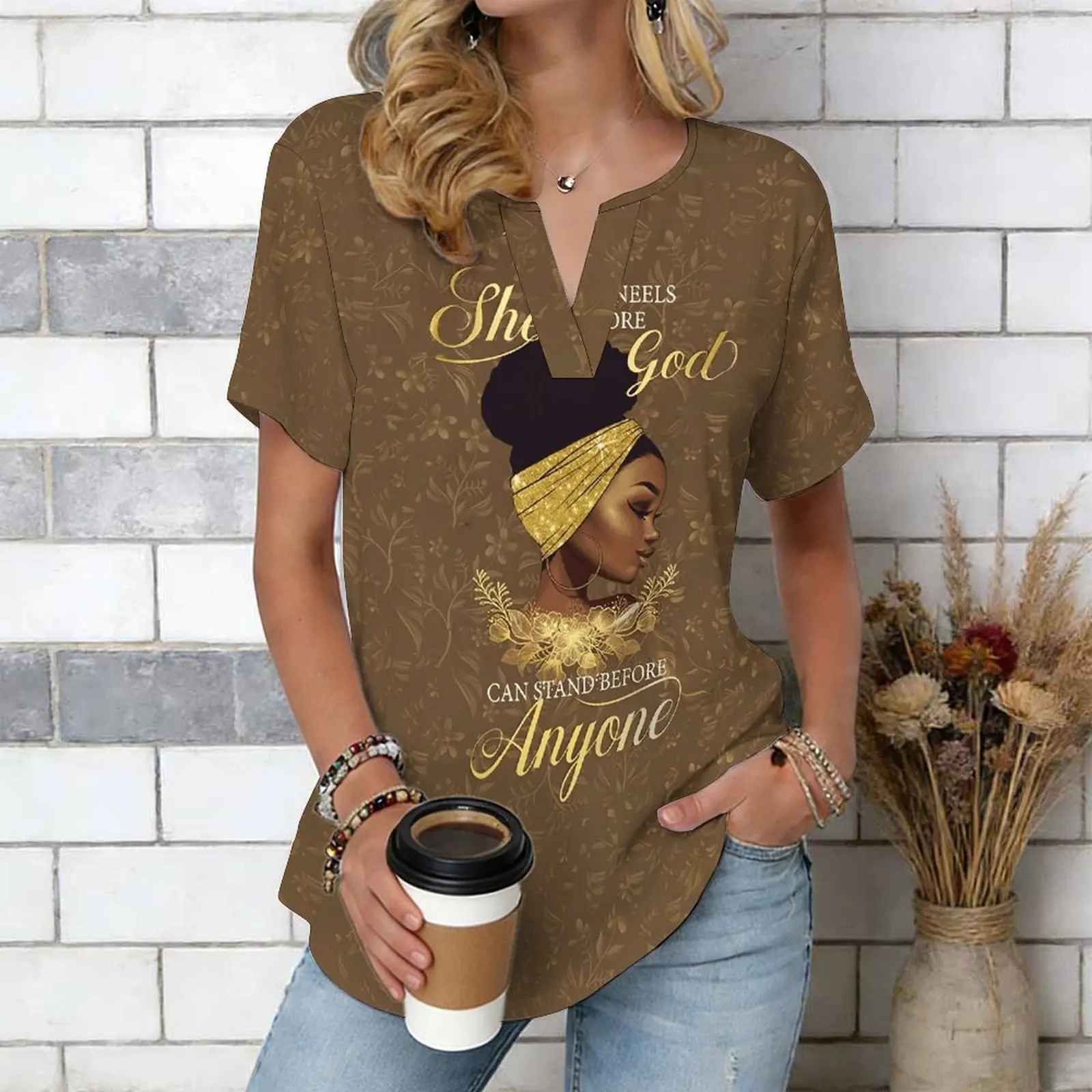 Women Print Notched V Neck Short Sleeve Casual Loose Tunic Tops