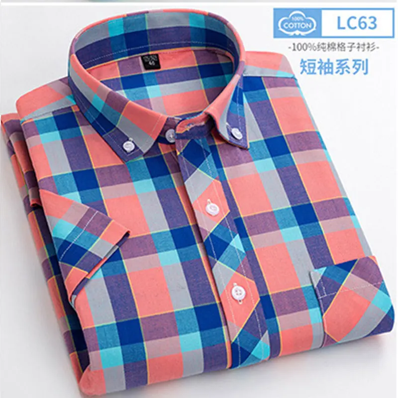 

Мужская рубашка с короткими рукавами из 100% хлопка 6XL, летняя тонкая деловая повседневная высококачественная модная клетчатая свободная одежда, дышащая облегающая посадка