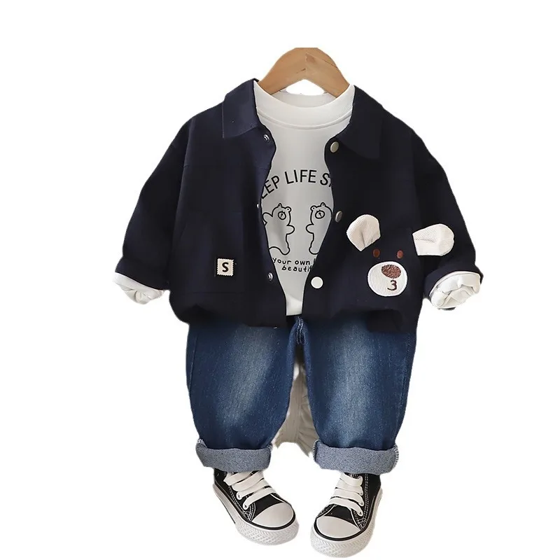 Autumn 2024 Korean Toddler Baby Boys 3PCS Clothes Set Printed Tops Cartoon Coat Stretch Jeans Suit Kids Boys Outfits