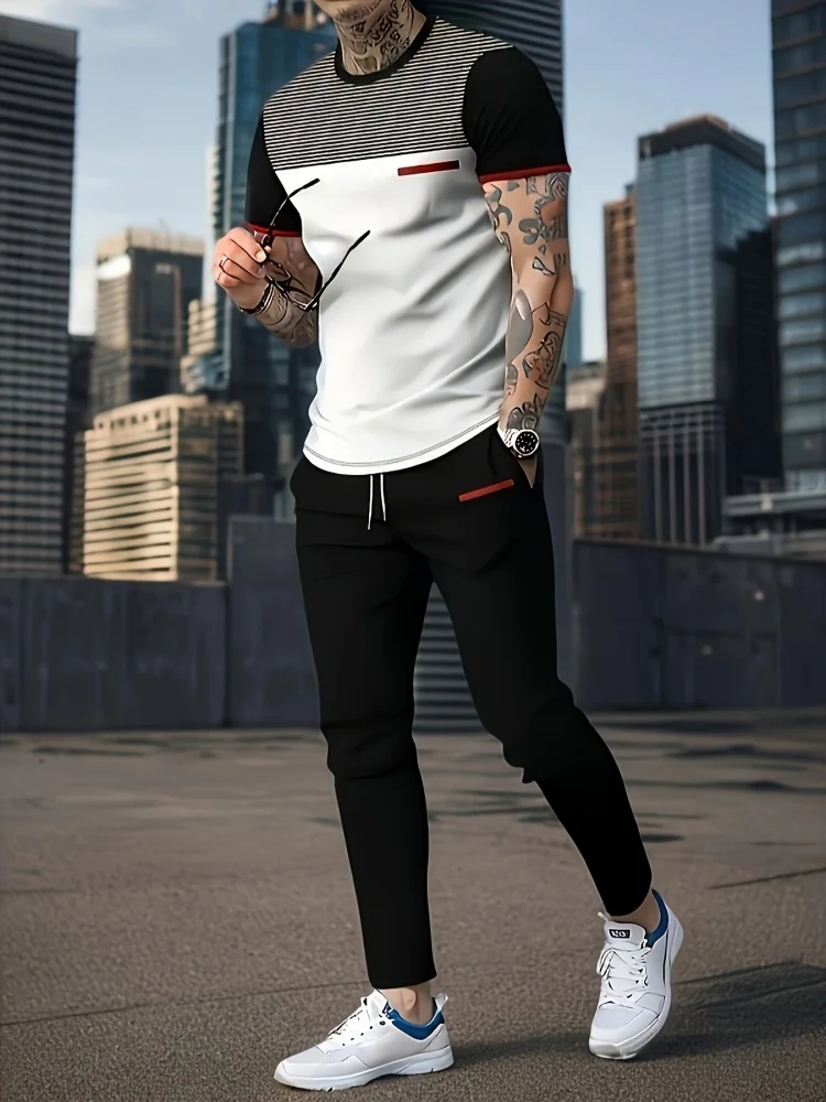 

Summer Men's Casual Sportswear Crew Neck Short-Sleeve T-Shirt With Sweatpants Men's Minimalist Color-Blocked Two-Piece Set