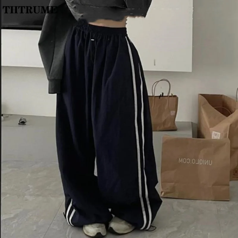 Oversized hiphop baggy broek mode vrouwen gestreepte zak elastische hoge taille cargobroek streetwear joggingbroek losse nieuwe broek