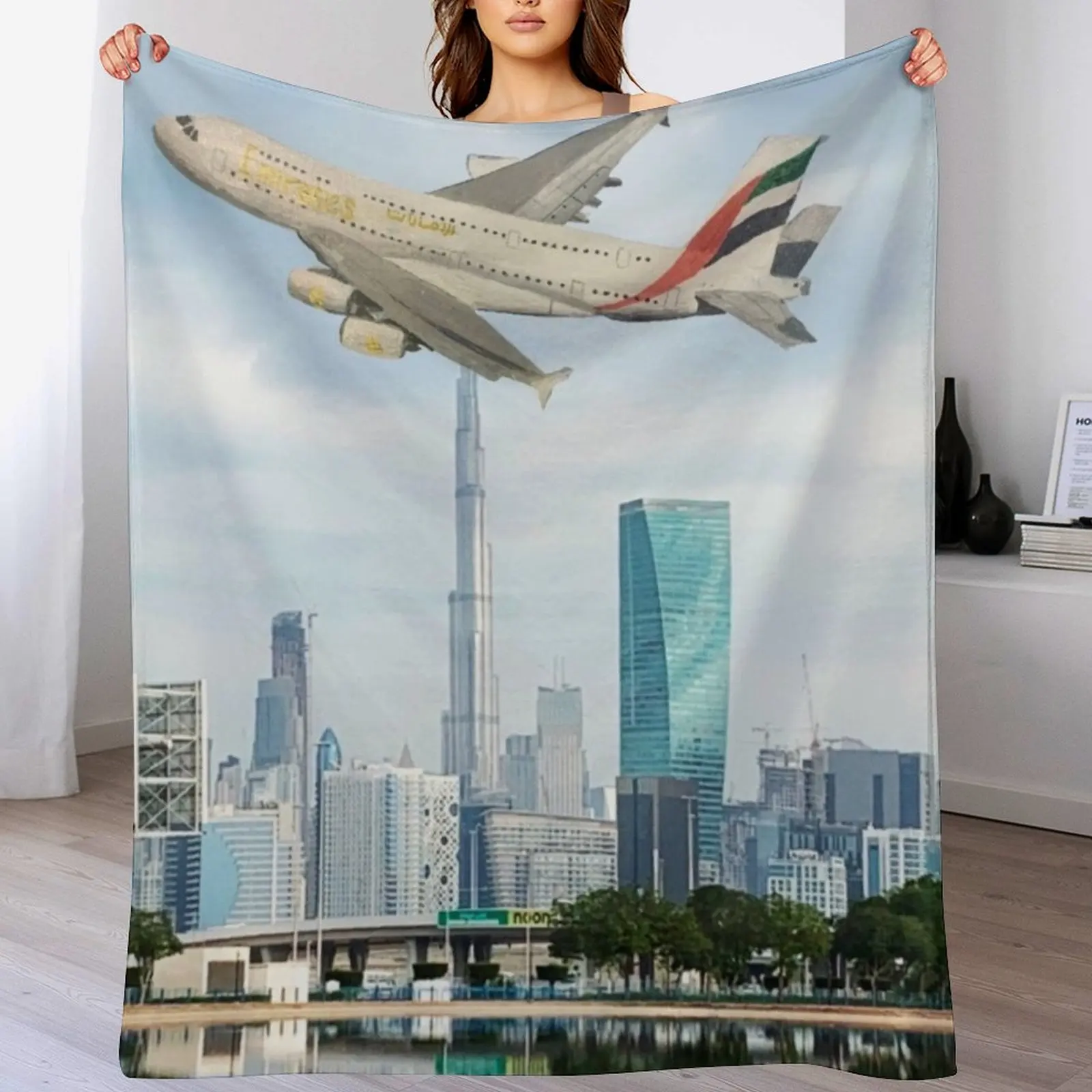 

Emirates Airbus A380 flying over Dubai Throw Blanket Flannel Soft Plaid Hair for babies Blankets