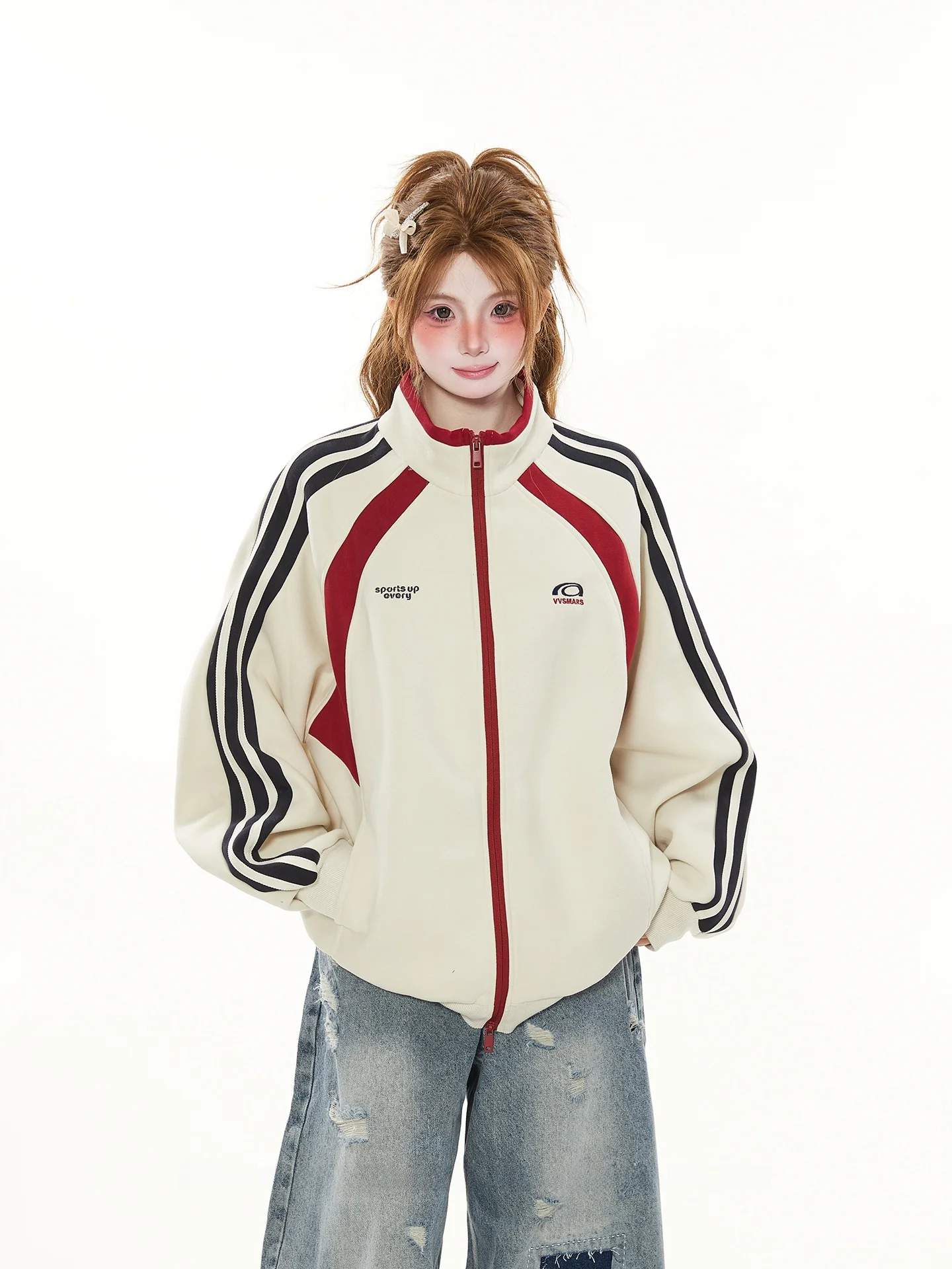 American High-End Casual Sportswear Color Block Zipper Tape Stand Collar Loose Women's Spring Autumn Baseball Jacket