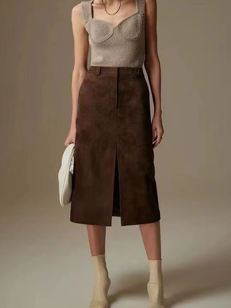 High Grade Kid Suede Leather Skirt For Women  Winter New Old Money Upgraded Imported Suede Jupe Front Split Waist Loop Faldas