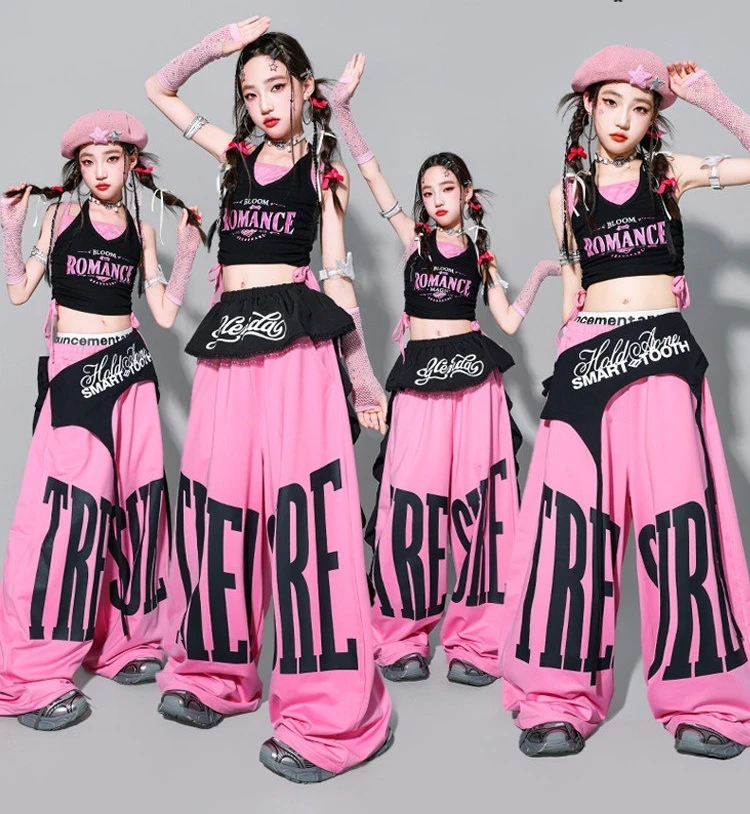 Girls K-pop Crop Tank Top Sweet Letters Loose Pants Children Hip Hop Streetwear Clothes Sets Kids Stage Girl Group Jazz Costume