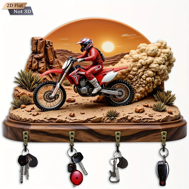 2D Flat. 1pc. Desert Motorcycle Key Hook - Wooden Multi-Functional Decorative Holder with Four Metal Hooks, Wall Décor for Room