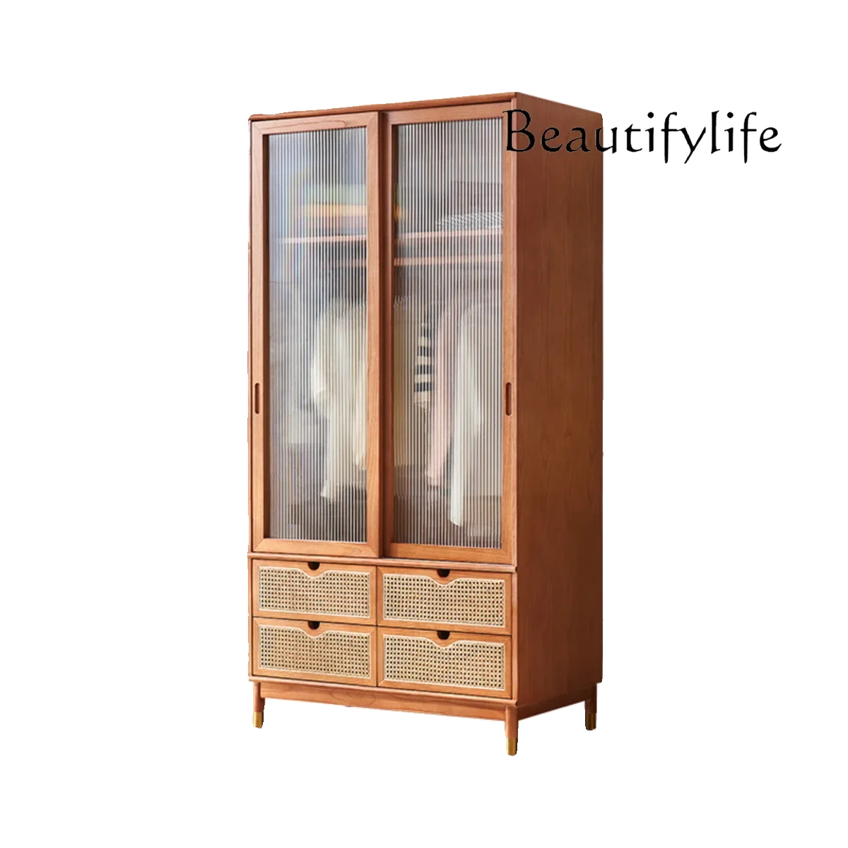 Rattan wardrobe solid wood log small apartment Japanese wardrobe four seasons simple storage bedroom combination cabinet