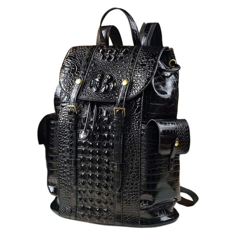 Genuine Cowhide Crocodile Pattern Travel Backpack - Unisex Large School Bag for Students & Office Workers with Anti-Theft Zipper