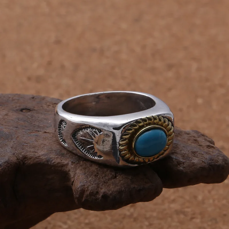 sterling silver fashion eagle ornament Thai silver men's and women's fashion retro Flying Eagle turquoise light body simple ring