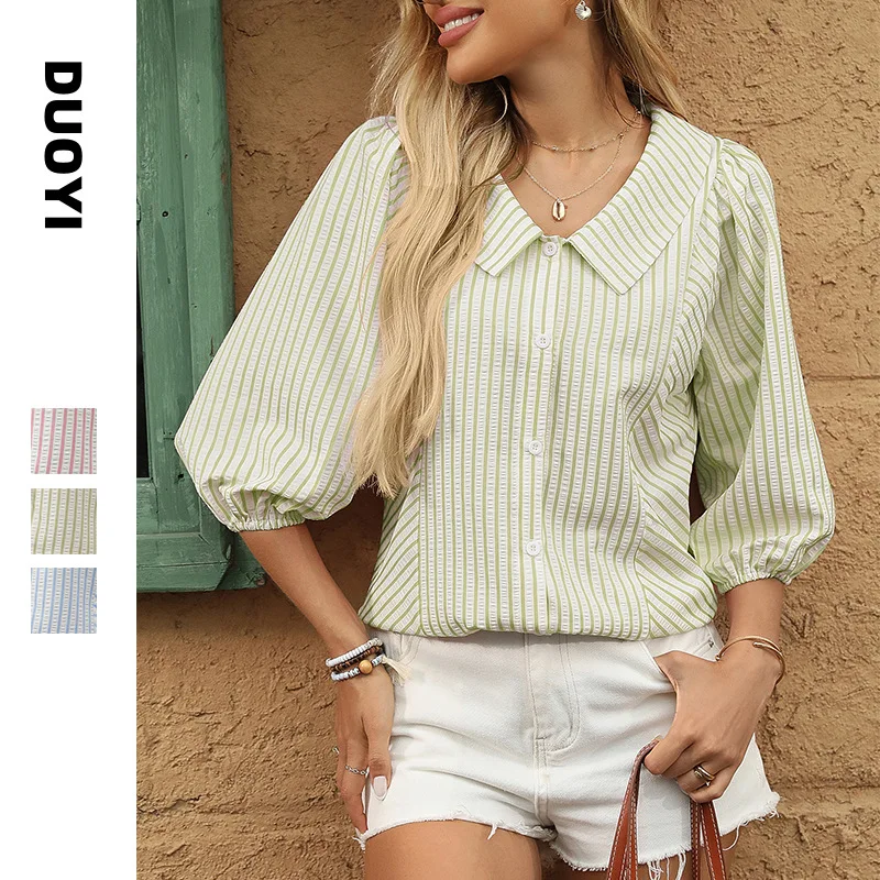 

New Women's Summer Notched Collar Puff Sleeve Sweet Blouse