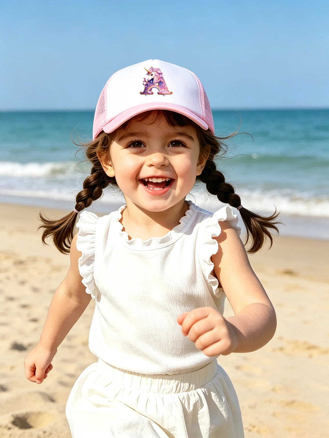1pc pink baby hat  Adjustable Youngsters' Baseball Cap with A-Z letter Rainbow Unicorn - Breathable Sun Hat for Boys and Girls A view 2