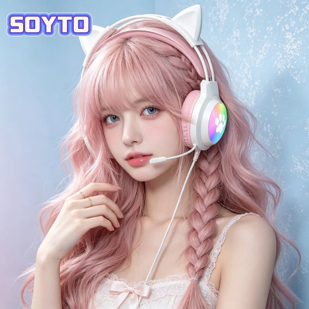 

SOYTO Cute Cat Ear Gaming Headset Luminous Wired Headphone With Mic High Beauty Fashion Head-mounted Earphone For Gamer Girls