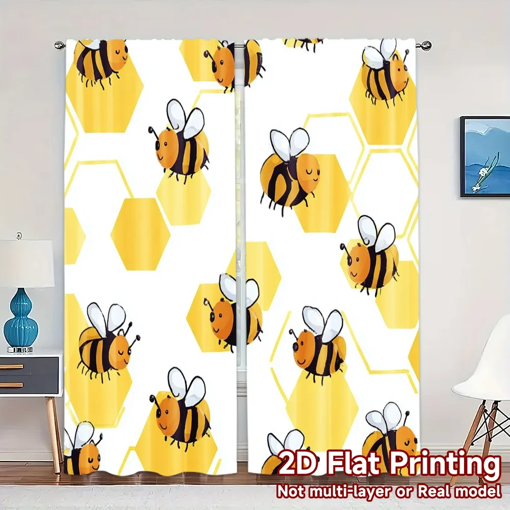 2pcs, 2D FLAT PRINTING Curtains (Without Rod) BeePattern(1) Creative Popular Curtains Versatile Polyester Curtains Thermal