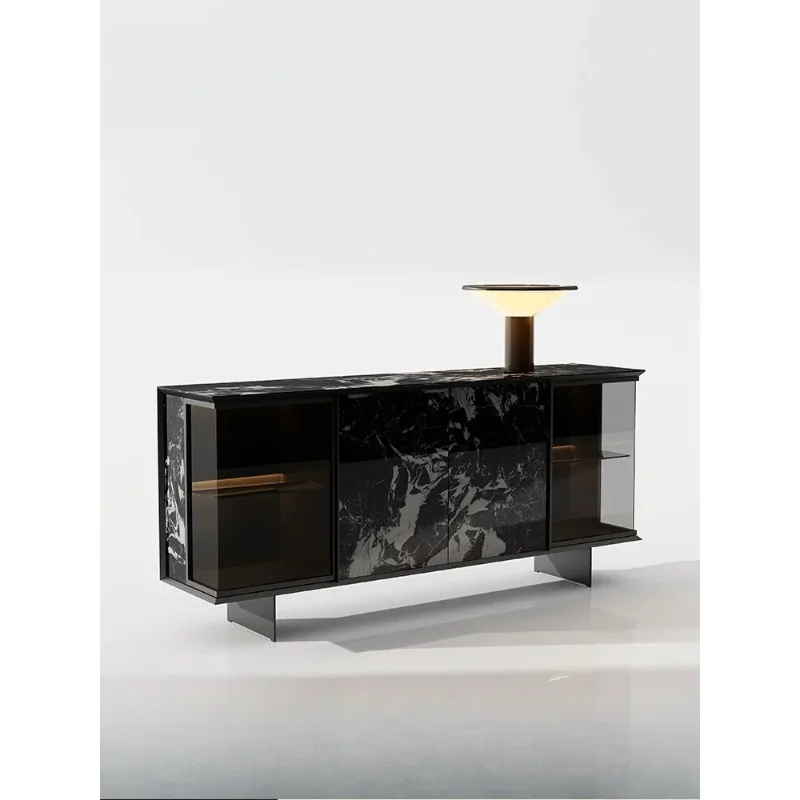 Italian minimalist entrance cabinet, modern minimalist rock slab dining side cabinet, villa luxury light glass display locker