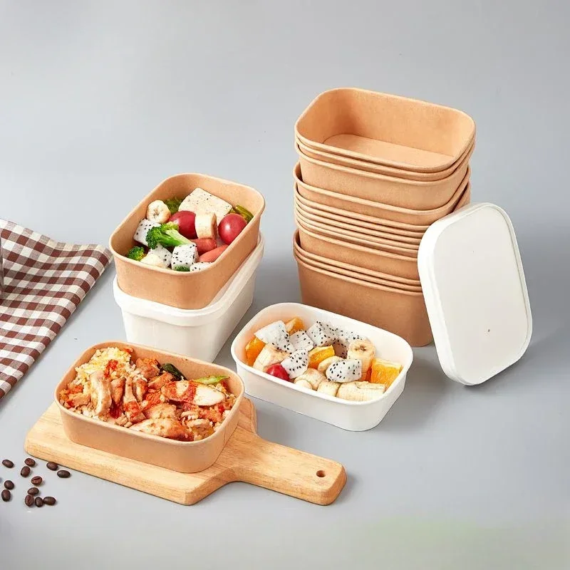 50pcs Disposable Lunch Boxes Thick Kraft Paper Lunch Bowl with Lid Environmentally Friendly Bento Salad Packing Rectangular Box