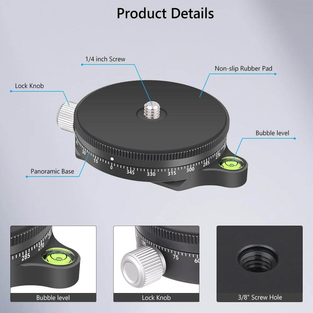 VICELK CNC Aluminum 360° Panoramic Pan Base with Bubble Level and Arca Swiss Plate for Tripod Monopod DSLR Cameras Load 10 KG