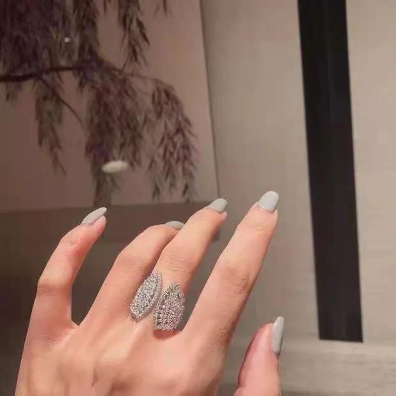 Original Full Diamond Sparkling Shell shaped Ring Adjustable Art Exquisite Fan rings for women Engagement silver 925 Jewelry