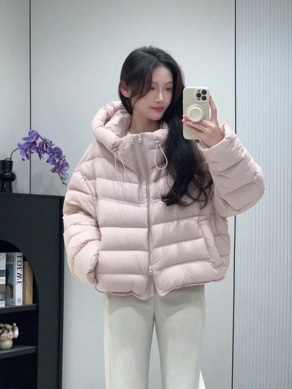 

Korean Style Double Zipper Hooded Women's Short Cotton Jacket Winter New Design Ribbed Puffa Coat Commute Loose Fit Thickened