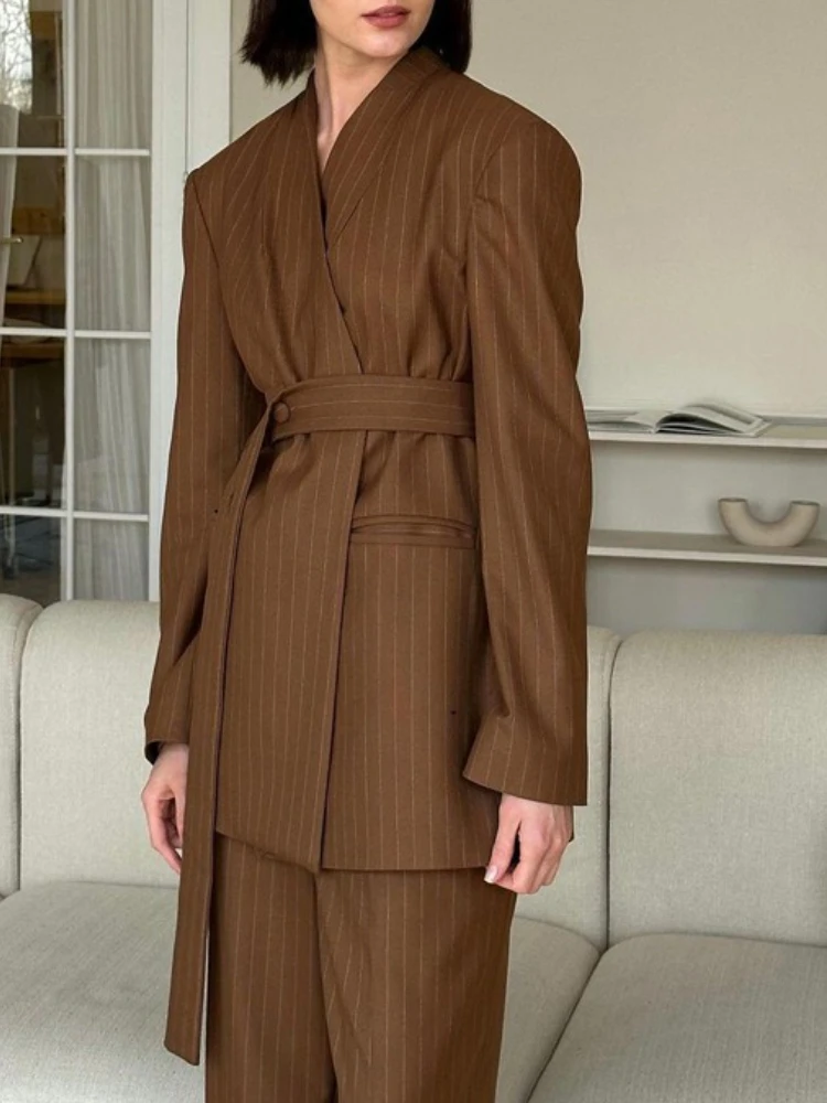 Tossy الخامس الرقبة مخطط مربوط دعوى السراويل قطعتين مجموعة التنقل موضة طويلة الأكمام الخريف 2024 المرقعة سراويل نسائية مجموعات #3