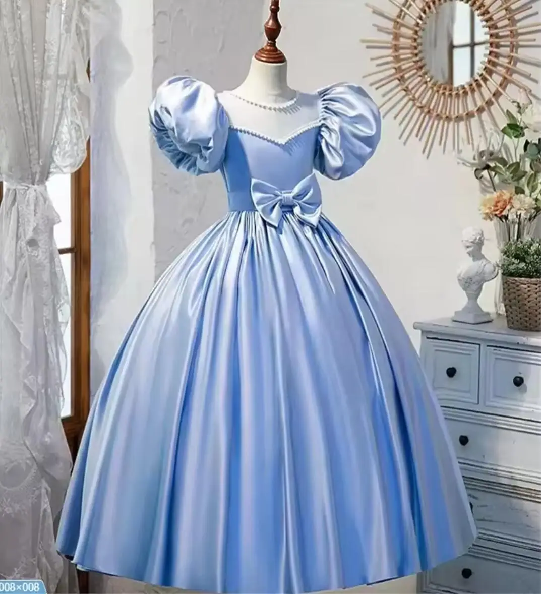 

Customized Blue Cinderella Kid Birthday Party Dresses Kid Elegant Satin Puffy Princess Ball Gowns Puff Sleeve Custom Bow