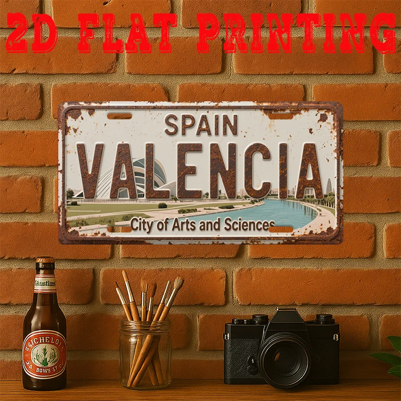 Spain Valencia City of Arts and Sciences 2D Flat Printing License Plate Style Metal Tin Sign, Modern Spanish Cityscape Themed De
