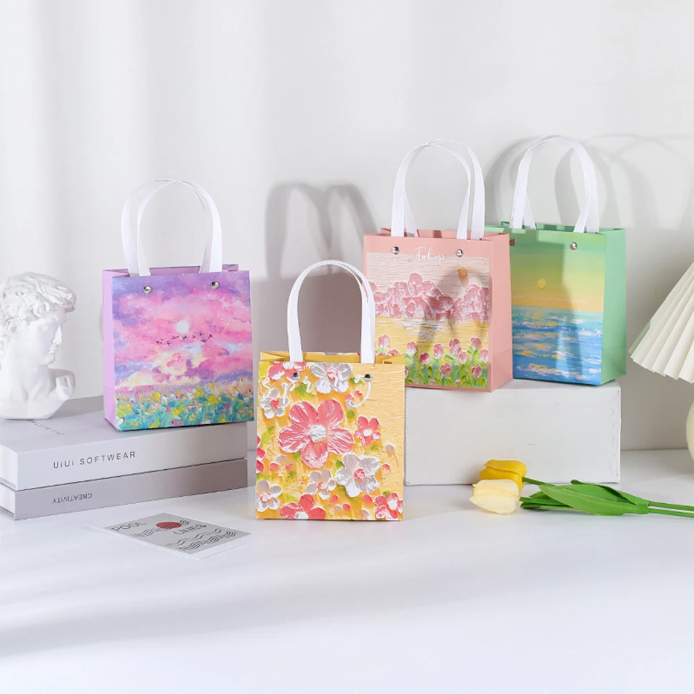 12pcs High Beauty Popular Oil Painting Art Fresh Gift Packaging Paper Bag Kids Birthday Party Decorations Baby Shower Favor Bags