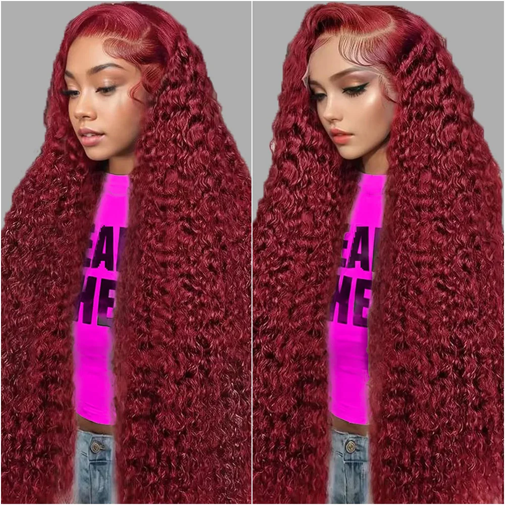 

36 Inch Deep Wave Wigs Red 99J Colored Lace Wigs 13x6 HD Lace Human Hair Wigs 200 Density Transparent Lace Wigs For Women .