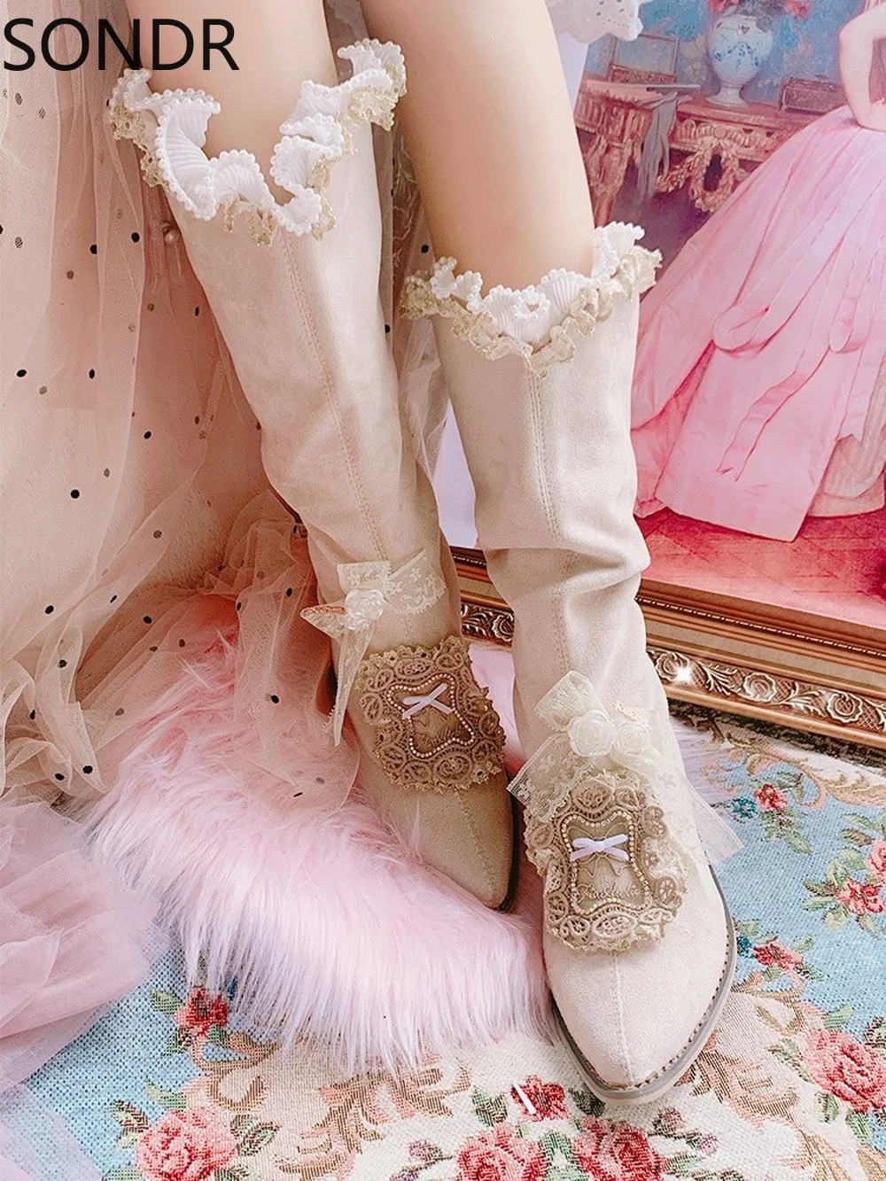 Womens Pointed Toe Knee Thigh High Boots Lace Chunky Heel Shoes Suede Leather Princess Lolita DIY Sweet Girls X-mas Gift New