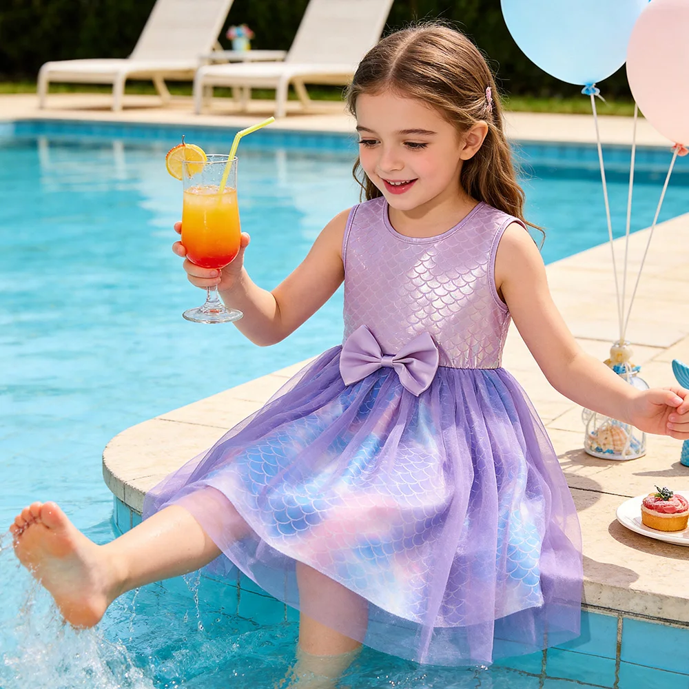 Kinder-Tüllkleid mit Meerjungfrauenschuppen-Print, ärmellos, lila, Prinzessinnenkleid, flauschig, mit Schleifenknoten, Partykleid für Mädchen – Detail 3