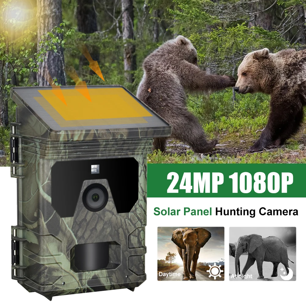 24MP 1080P Solar Trail Camera 128G Solar Power Hunting Camera Infrared Night Vision Wildlife Observation Camera Video Recorder