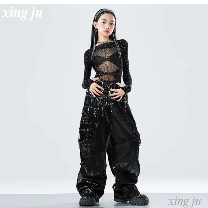Kids Hip Hop Stage Performance Outfits Kinderen Jazzdans Kostuum Meisjes Street Dance Zwart Mesh Hollow Out Tops Leren Broek