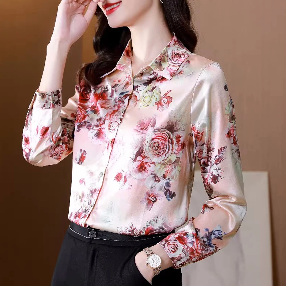 Women\'s Printed Satin Shirts Fashion Long Sleeve Women Blouse 2024 Office Lady Basic Tops Female Casual Clothing