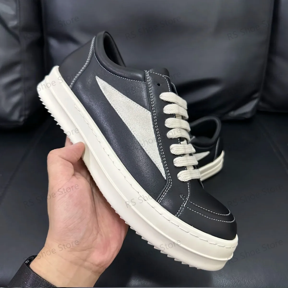 

Ro Luxury Men Shoes Black Leather Low Top Shoe Lace Up Women Casual Sneaker Suede Triangle Classic Design Cowhide Flat Sneakers