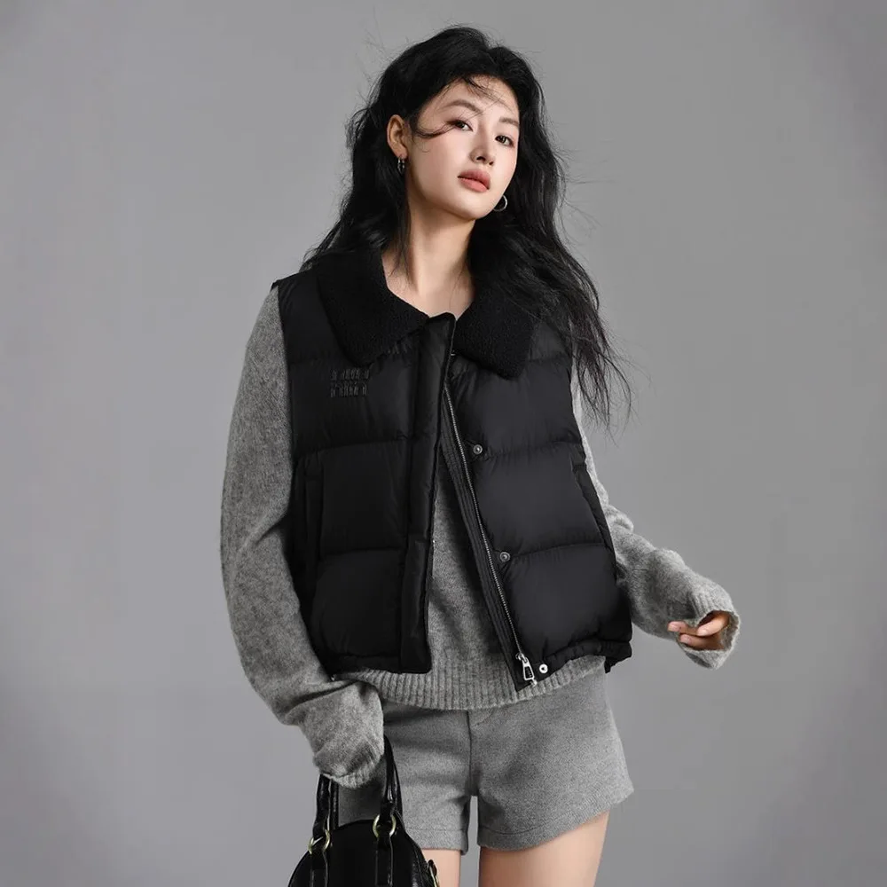 ダウンコート ソリッド レディース ジッパー ダウンジャケット アウター ターンダウンカラー カバードボタン スプライス ノースリーブ カーディガン ルーズ カジュアル