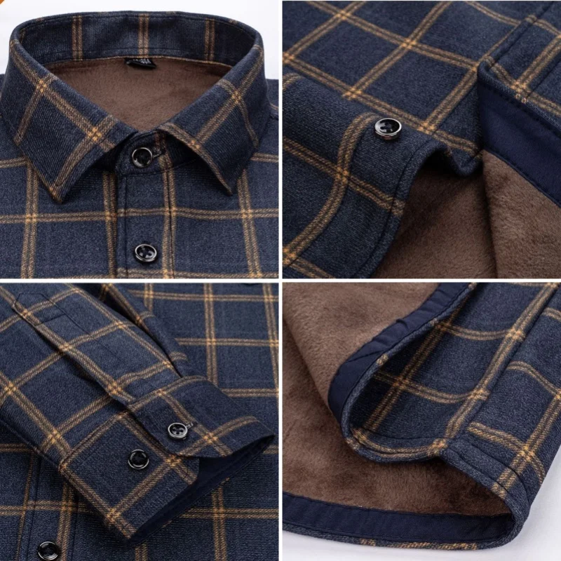 New Winter Men's Thicken Fleece Long Sleeve Casual Fashion Solid Plaid Shirts Keep Warm Comfort Soft Regular Fit Striped Blouses