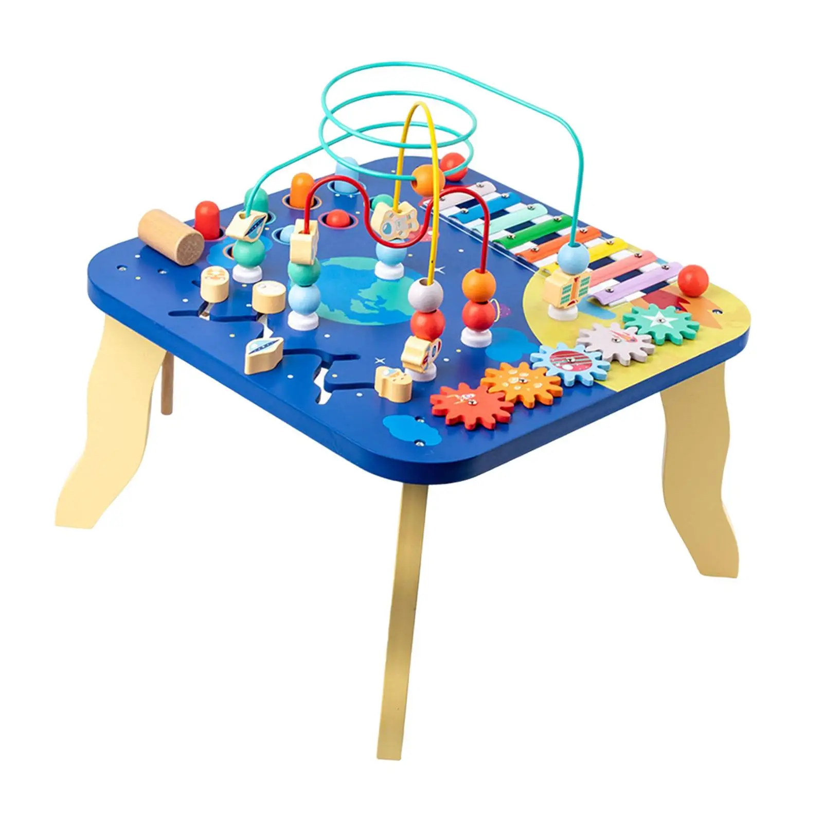 Wooden Activity Table Sensory Toy, Bead Maze Coordination Montessori Music Xylophone Toy for Infant Boys Girls Kids Baby