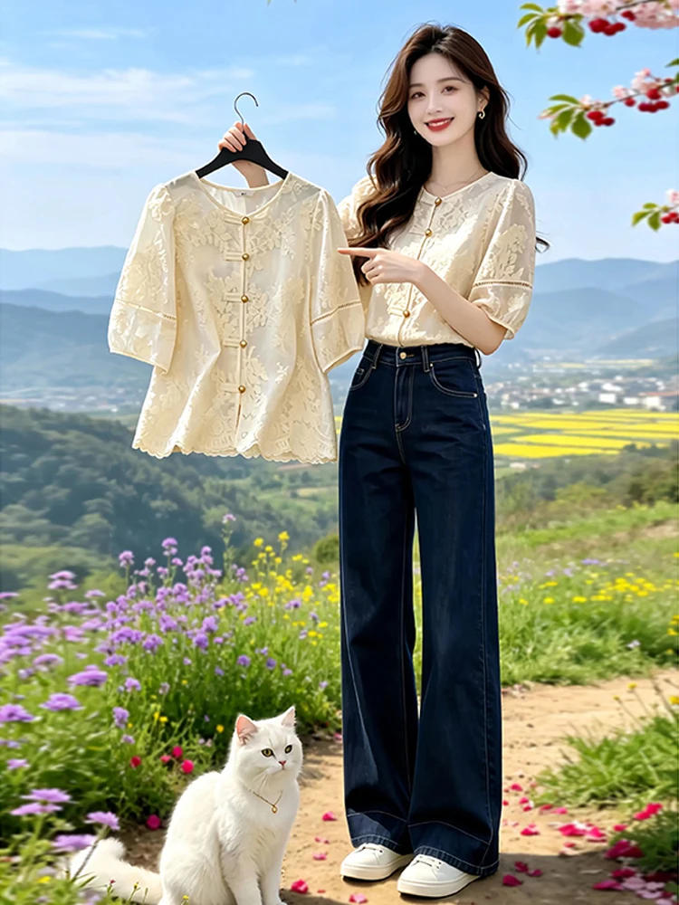 

New Chinese Style Lace Short Sleeve Shirt Women's plus Size Summer Slimming Button up Casual Loose Fit round Neck Top