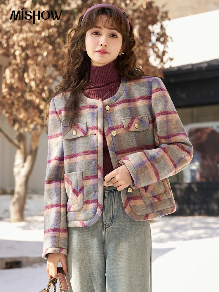 MISHOW Retro Plaid Misto Lana Cappotto Corto Donna Inverno Girocollo Ufficio Donna Giacche di Lana Nuovo Capispalla Donna MXC52Y0022