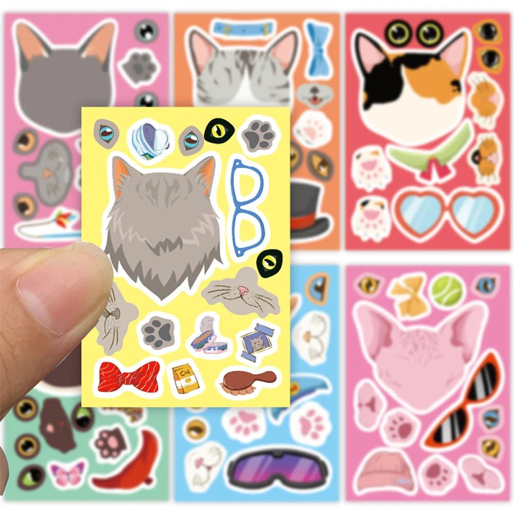

8/16sheets Animal Cat Head Puzzle Stickers Cartoon Make a Face Game Kids Make Your Own DIY Children Jigsaw Education Sticker Toy