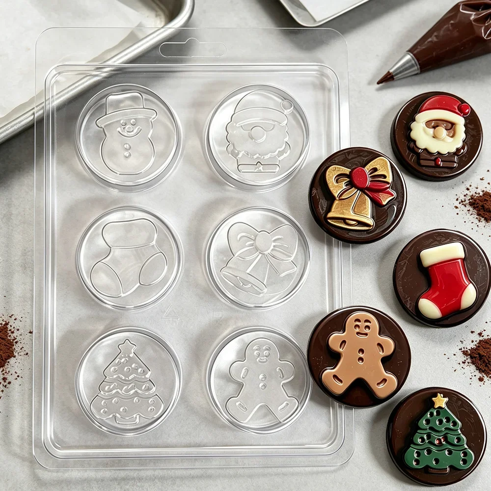 Christmas Chocolate Mold, 6 Cavity Xmas Design Round Mould, DIY Tool for Covered Sandwich Candy, Chocolate, Soap and Ice Cube