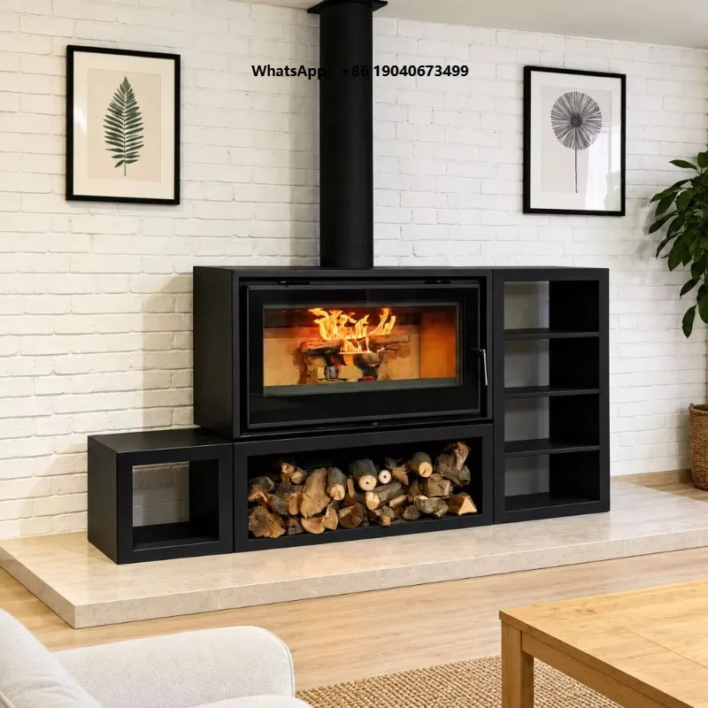 Modern Black Wood Burning Fireplace Stove Steel Plate Freestanding Heating Insert for Hotel Apartment Villa xyl