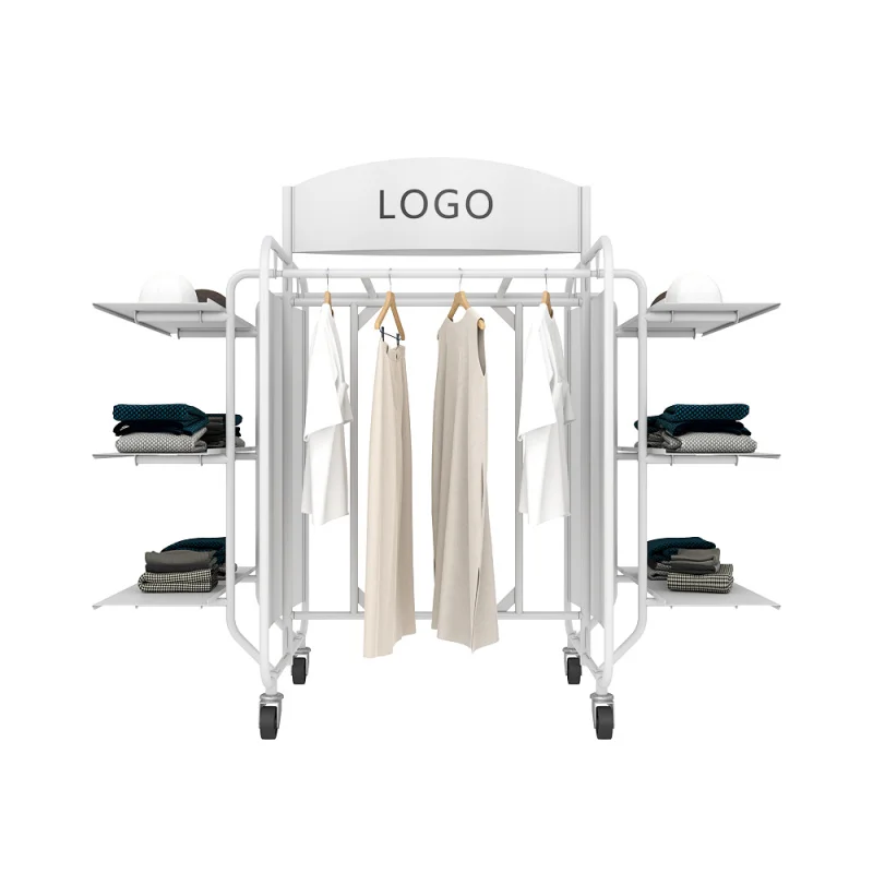 

custom.Logo shop fittings luxury clothing store fixtures iron rail wheel gondola shelving retail clothes display