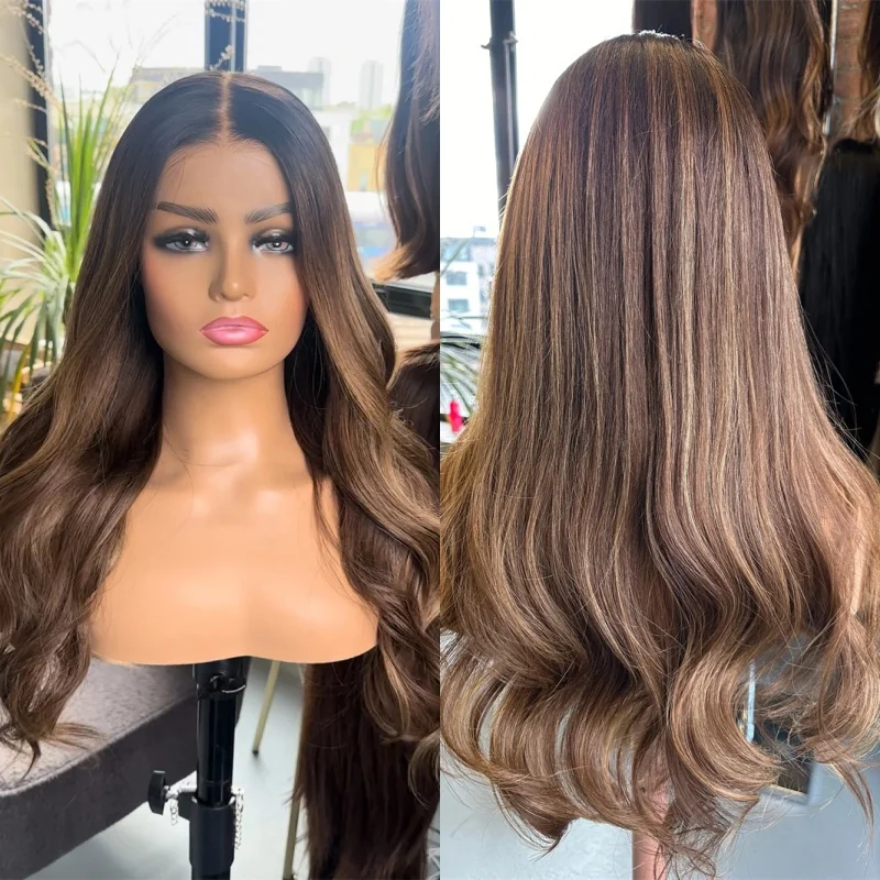 Party Daily Cosplay Wig 13x4 Middle Part Ombre Caramel Brown Glueless Wigs Synthetic HD Lace Front Wig Preplucked Hairline 22''