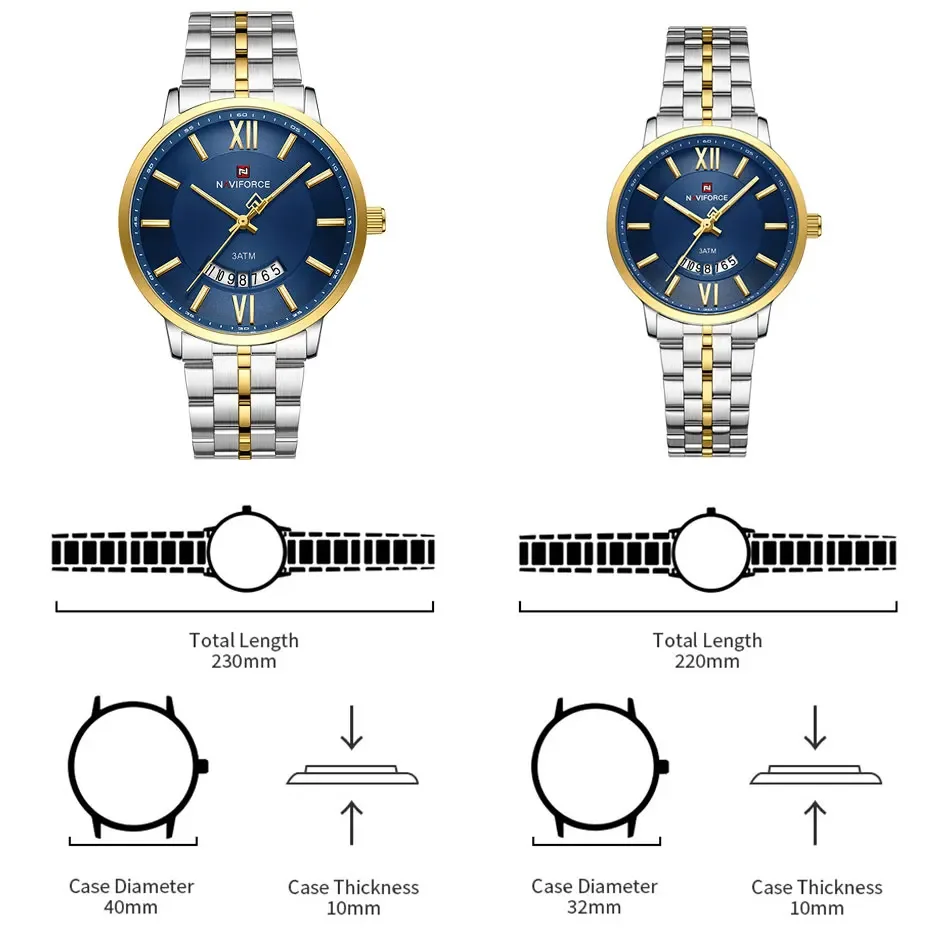 NAVIFORCE 럭셔리 커플 시계, 방수 발광 날짜 스테인레스 스틸 손목시계, 오리지널 쿼츠 시계, 남녀 결혼 선물